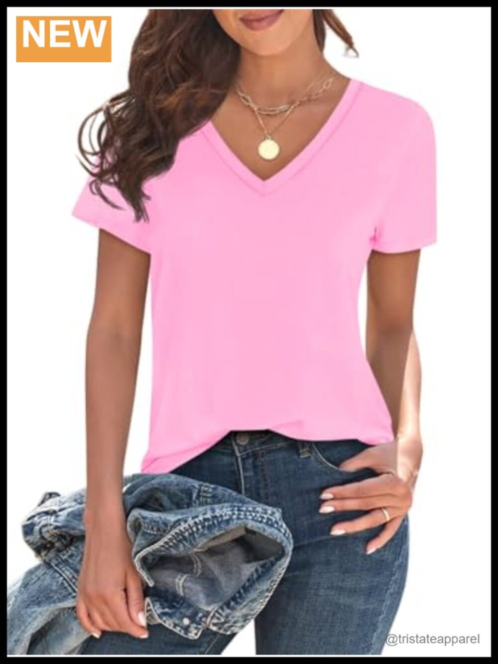 Womens V Neck Short Sleeve Tunic T-Shirt Loose Fit Lightweight Basic Tee